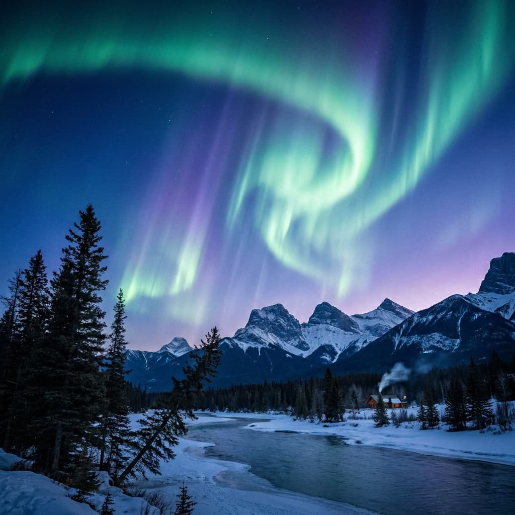 A magical aurora over snow-capped mountains at twilight, cinematic 4K, volumetric lighting, ultra-detailed landscape photography