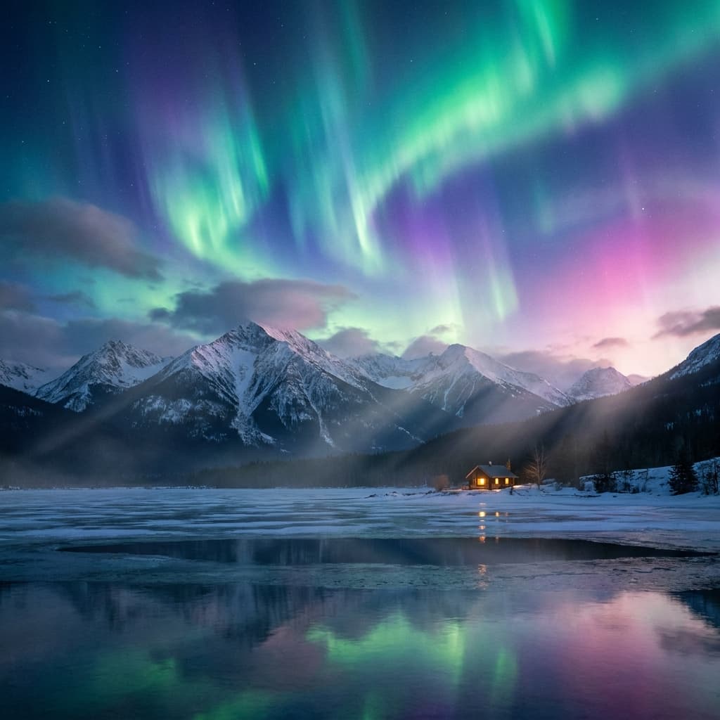 A magical aurora over snow-capped mountains at twilight, cinematic 4K, volumetric lighting, ultra-detailed landscape photography