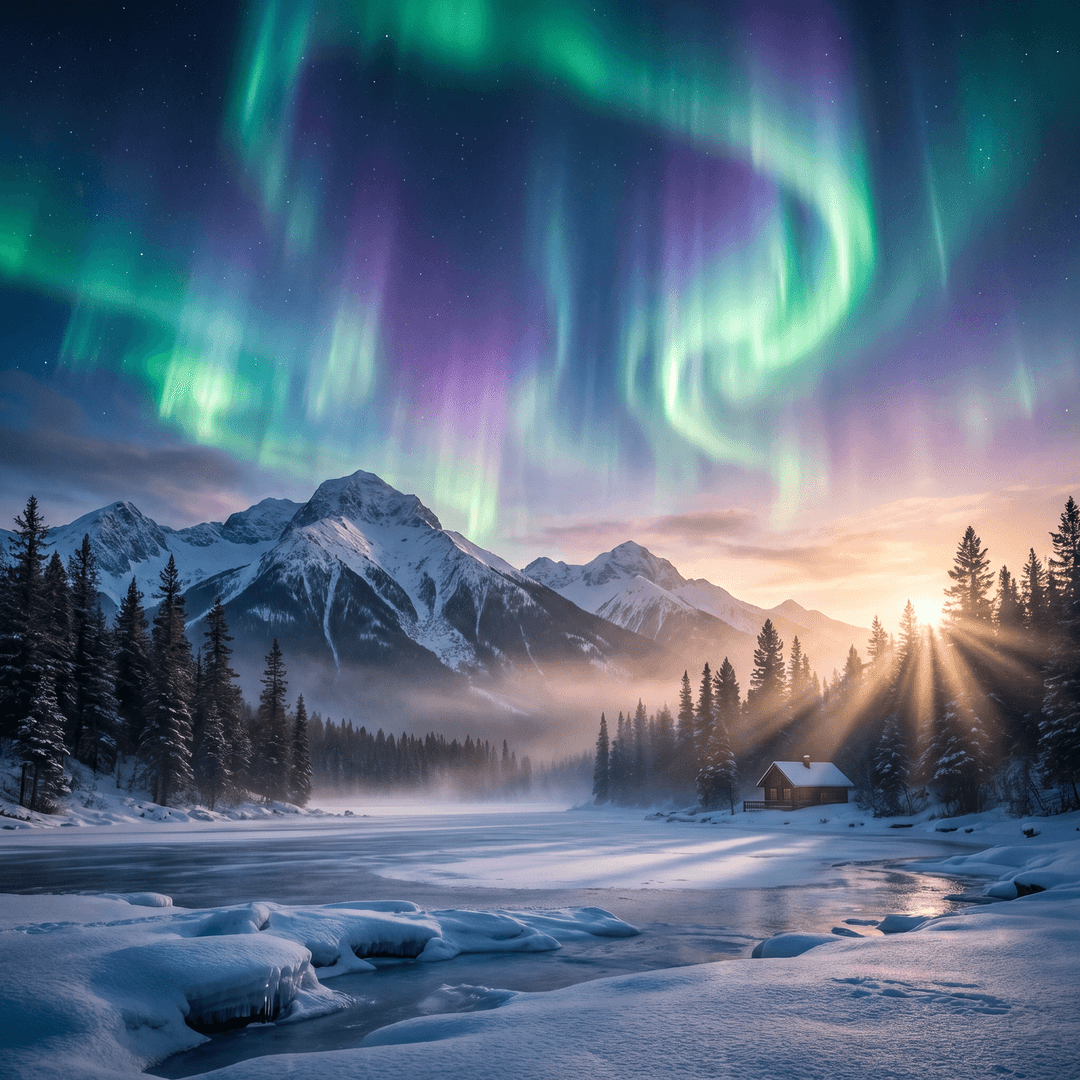 A magical aurora over snow-capped mountains at twilight, cinematic 4K, volumetric lighting, ultra-detailed landscape photography