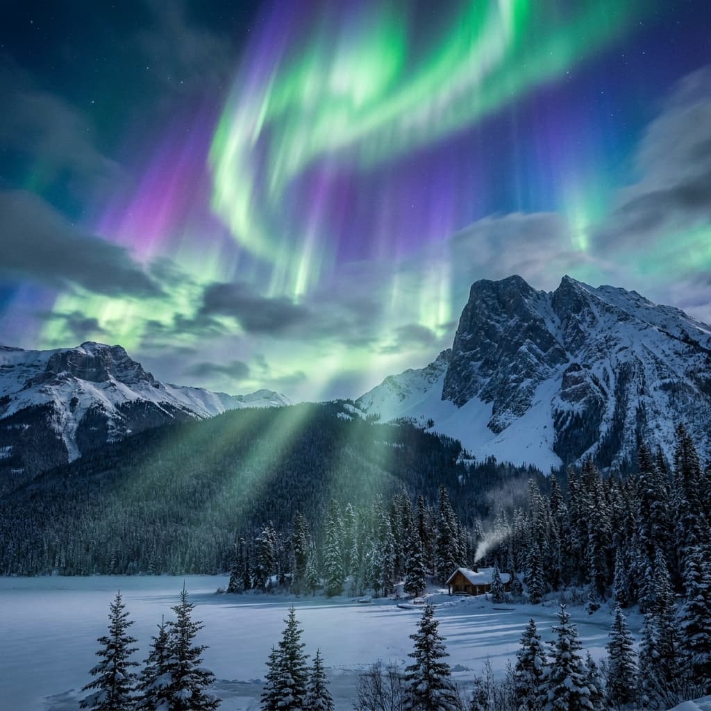 A magical aurora over snow-capped mountains at twilight, cinematic 4K, volumetric lighting, ultra-detailed landscape photography