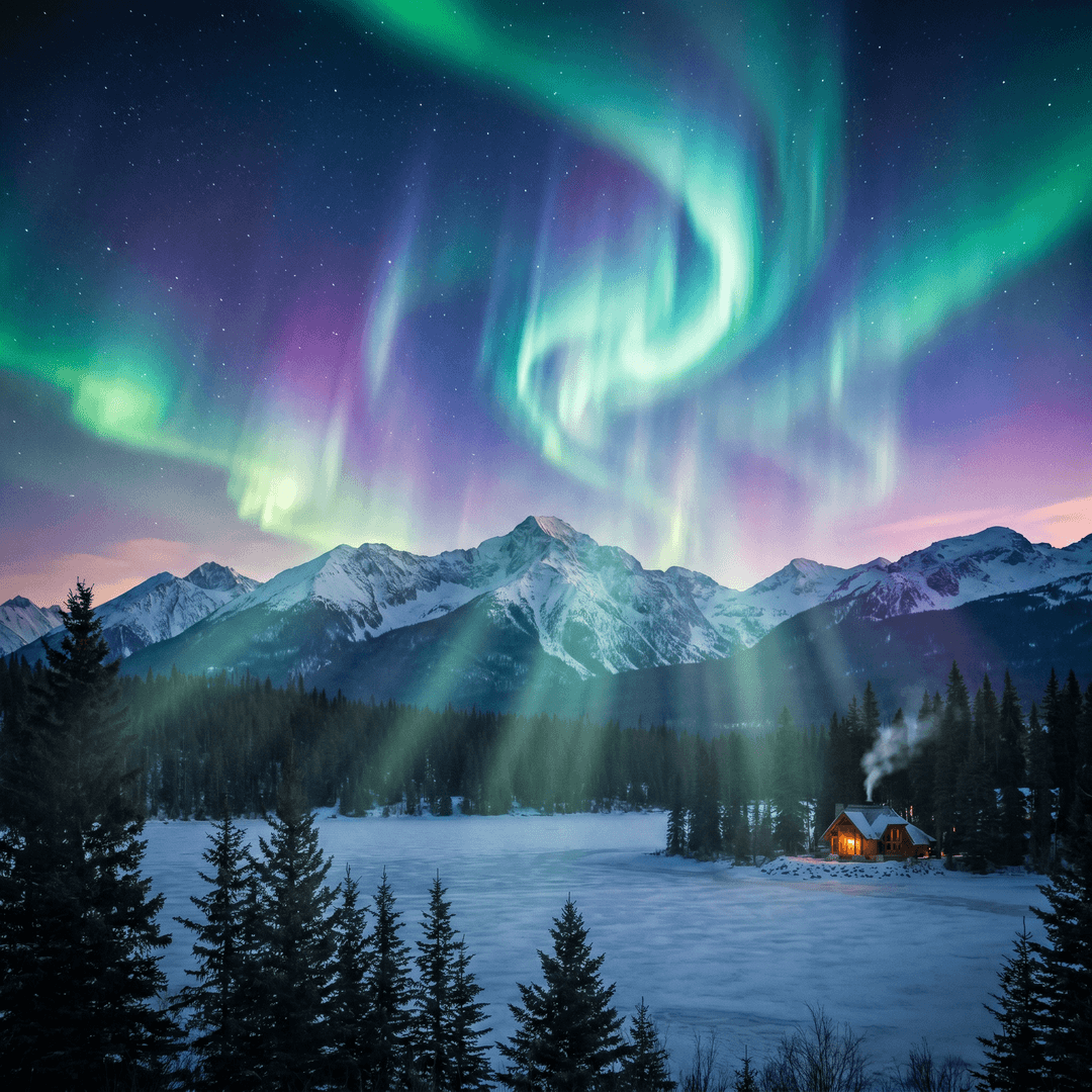 A magical aurora over snow-capped mountains at twilight, cinematic 4K, volumetric lighting, ultra-detailed landscape photography