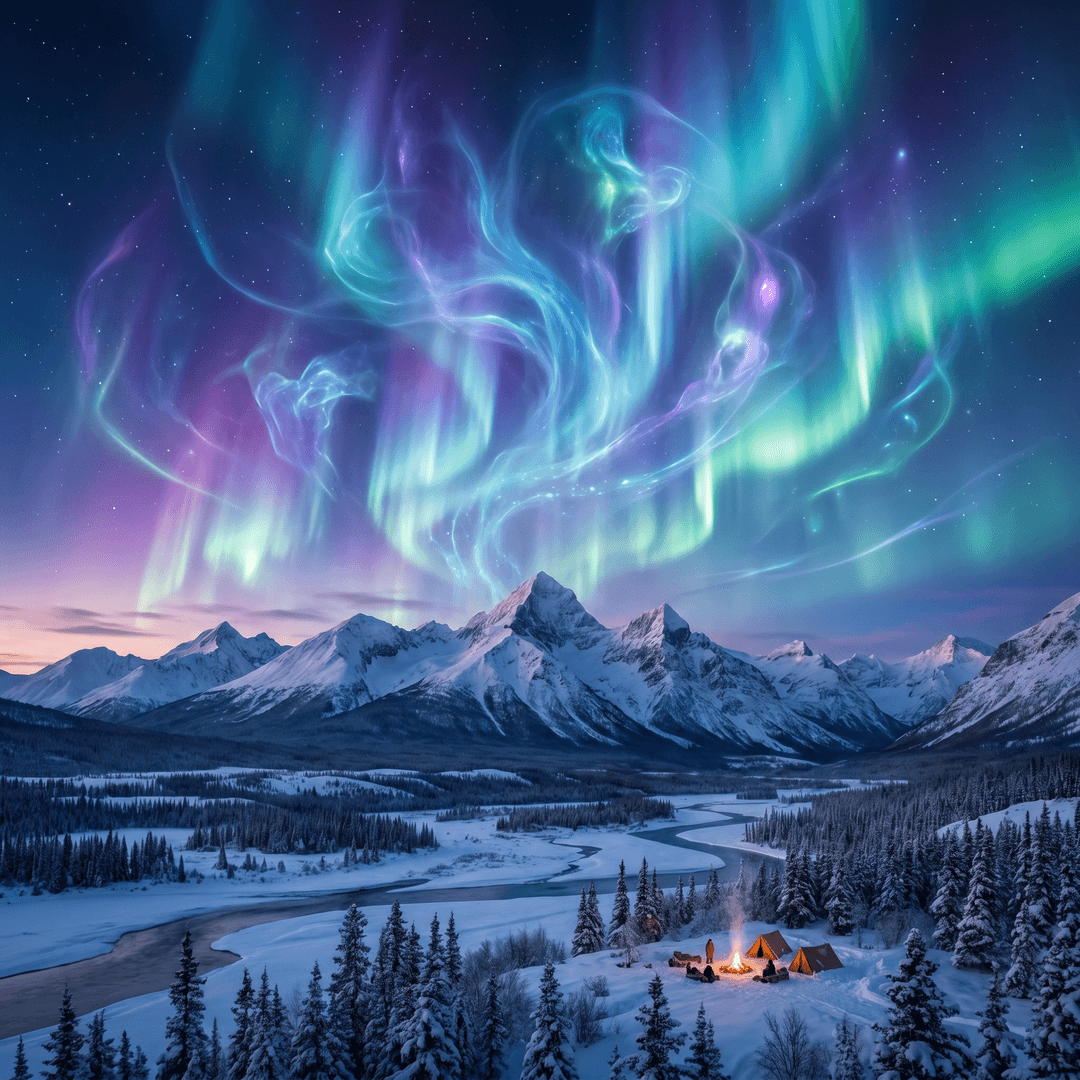 A magical aurora over snow-capped mountains at twilight, cinematic 4K, volumetric lighting, ultra-detailed landscape photography