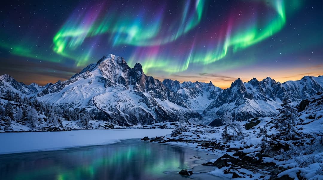 A magical aurora over snow-capped mountains at twilight, cinematic 4K, volumetric lighting, ultra-detailed landscape photography