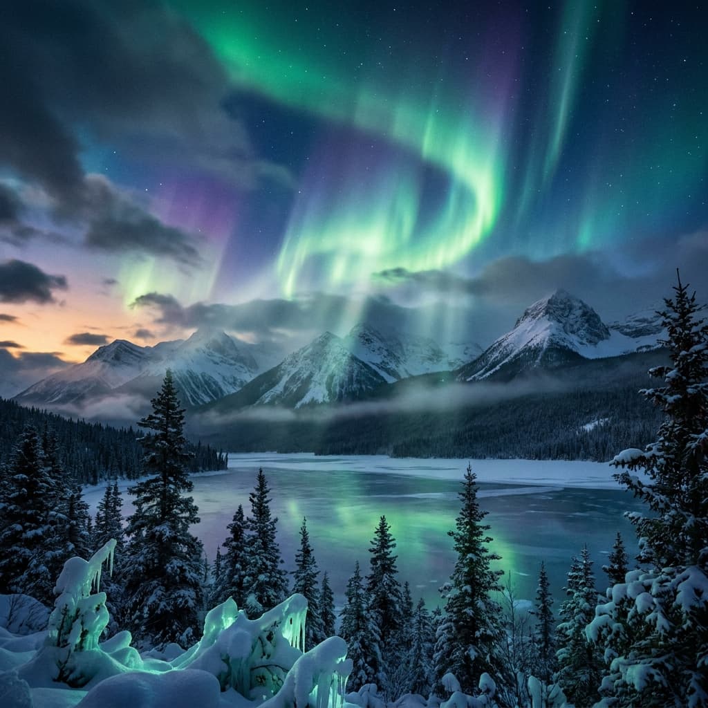 A magical aurora over snow-capped mountains at twilight, cinematic 4K, volumetric lighting, ultra-detailed landscape photography