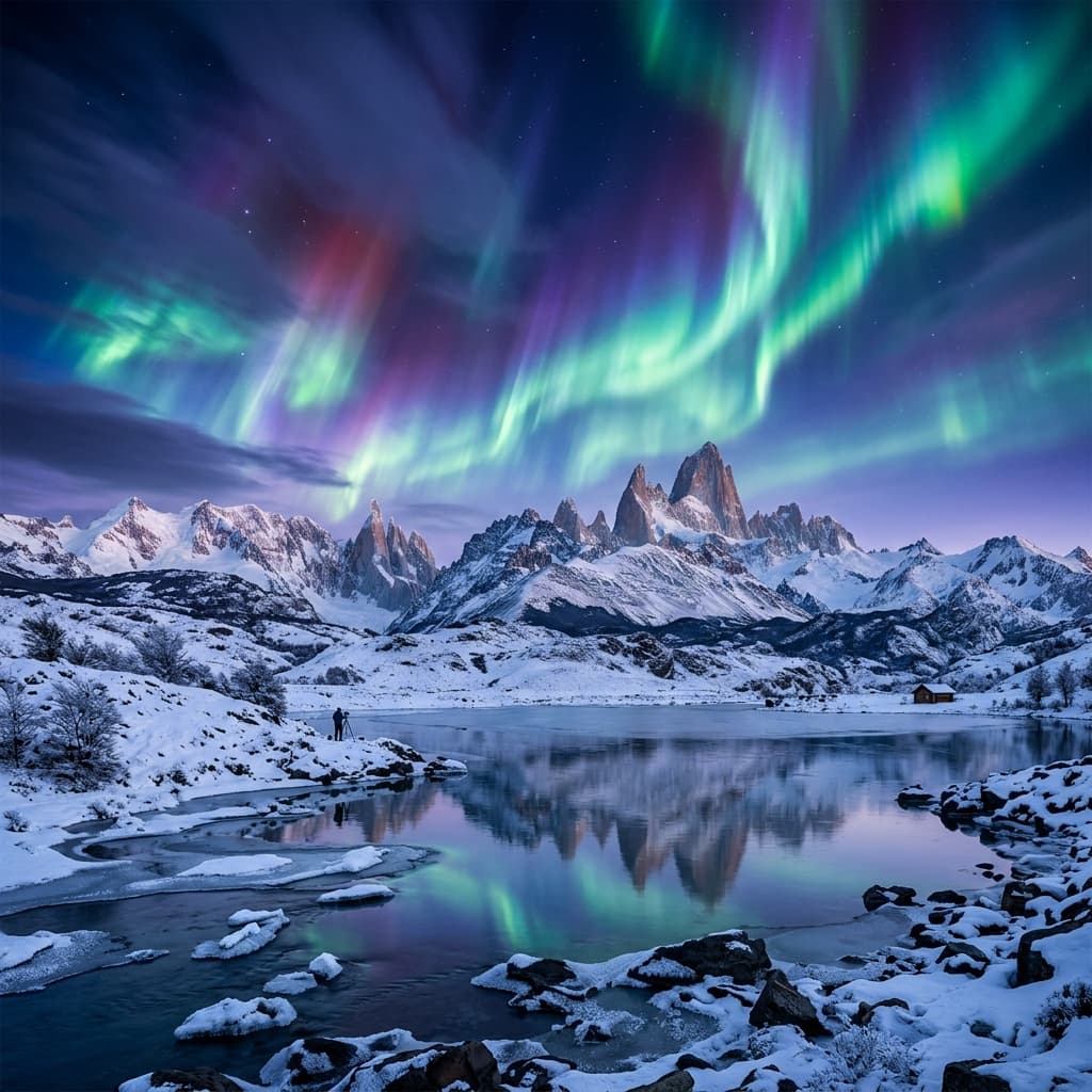 A magical aurora over snow-capped mountains at twilight, cinematic 4K, volumetric lighting, ultra-detailed landscape photography