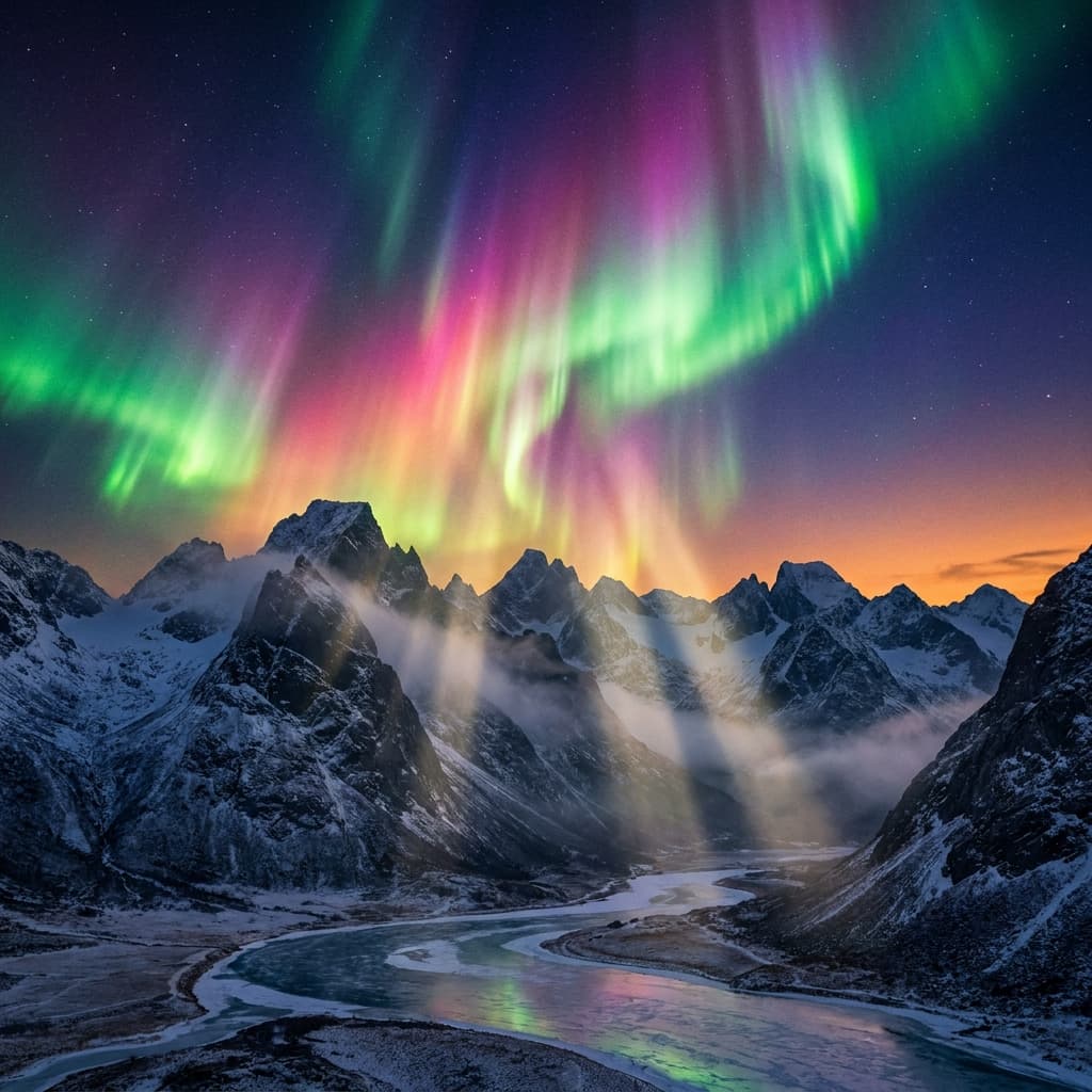 A magical aurora over snow-capped mountains at twilight, cinematic 4K, volumetric lighting, ultra-detailed landscape photography