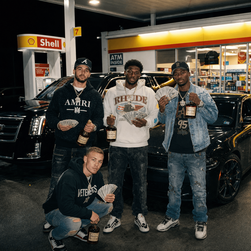 Put alphonso davies, Johnathan david, stephen eustaquio, and alistair johnston) from the canada mens national team  dressed like atlanta thugs in a gas station flexing cash, cars, and bottles of hennesy