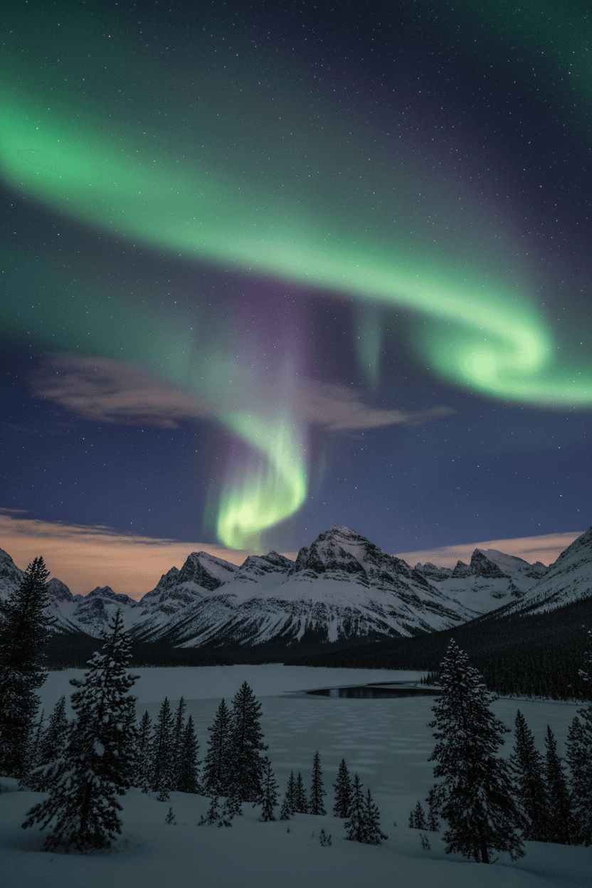 A magical aurora over snow-capped mountains at twilight, cinematic 4K, volumetric lighting, ultra-detailed landscape photography
