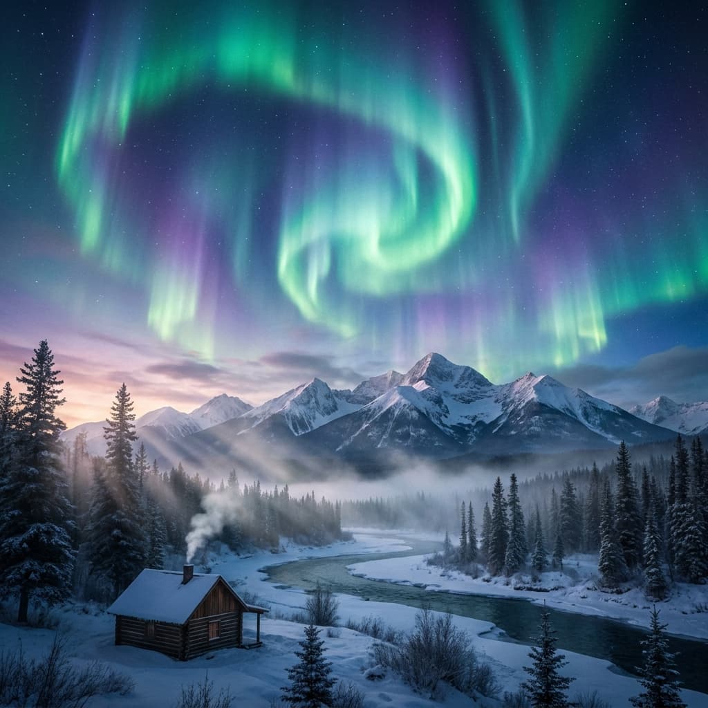 A magical aurora over snow-capped mountains at twilight, cinematic 4K, volumetric lighting, ultra-detailed landscape photography