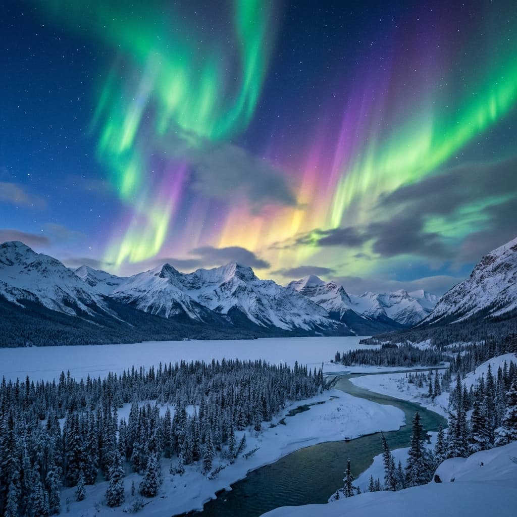 A magical aurora over snow-capped mountains at twilight, cinematic 4K, volumetric lighting, ultra-detailed landscape photography