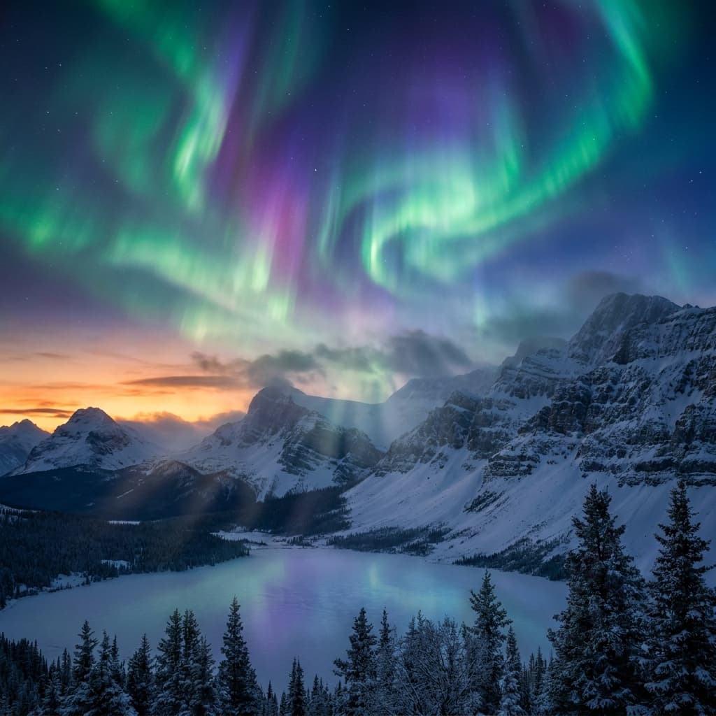 A magical aurora over snow-capped mountains at twilight, cinematic 4K, volumetric lighting, ultra-detailed landscape photography