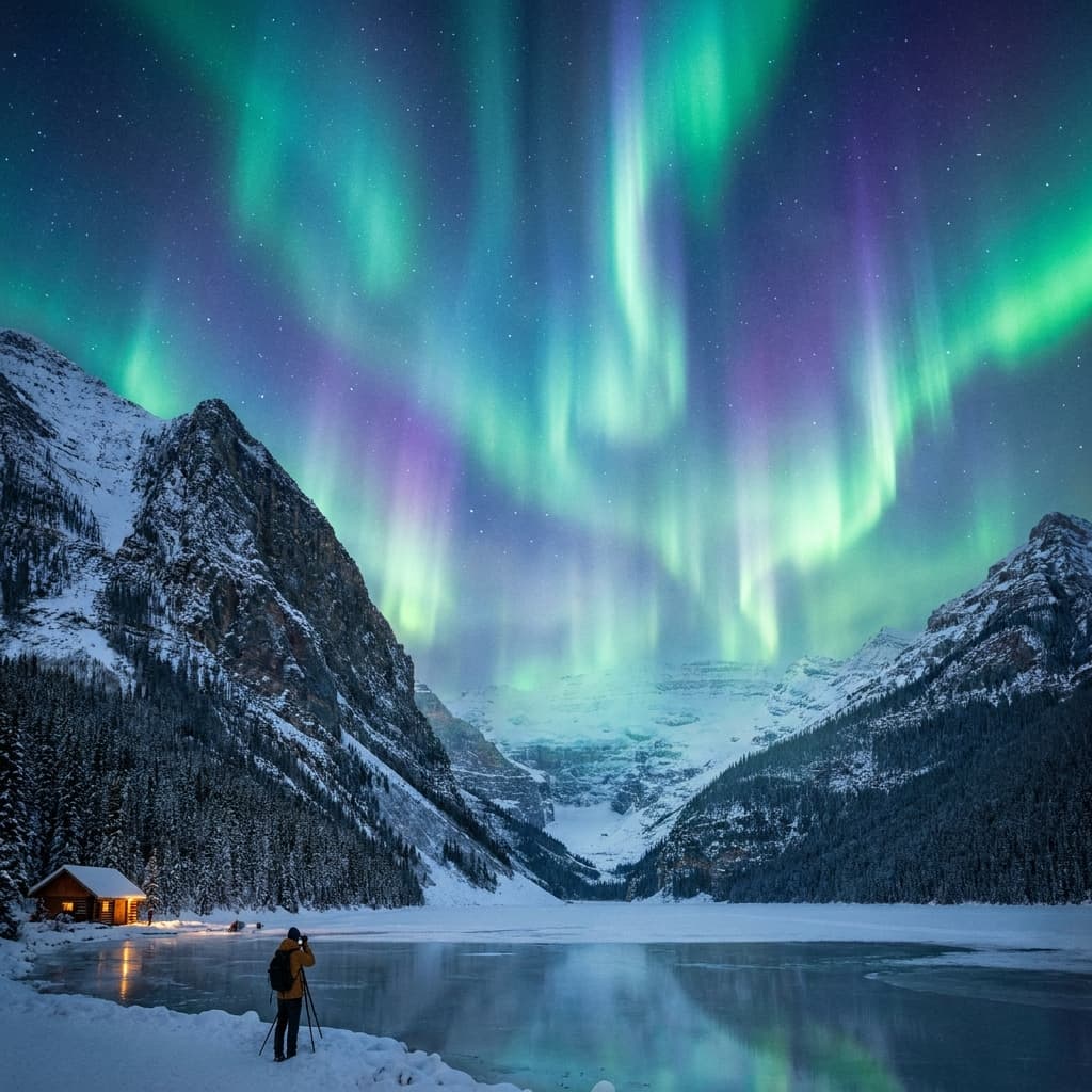 A magical aurora over snow-capped mountains at twilight, cinematic 4K, volumetric lighting, ultra-detailed landscape photography