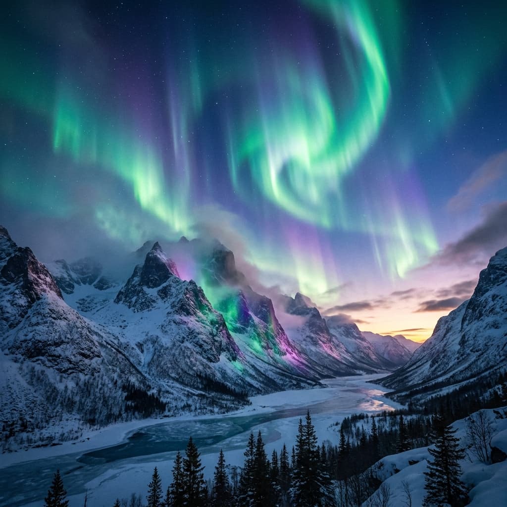 A magical aurora over snow-capped mountains at twilight, cinematic 4K, volumetric lighting, ultra-detailed landscape photography