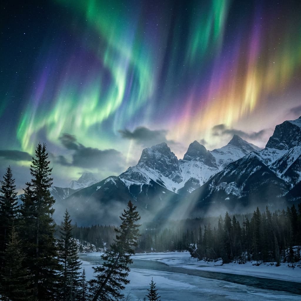 A magical aurora over snow-capped mountains at twilight, cinematic 4K, volumetric lighting, ultra-detailed landscape photography
