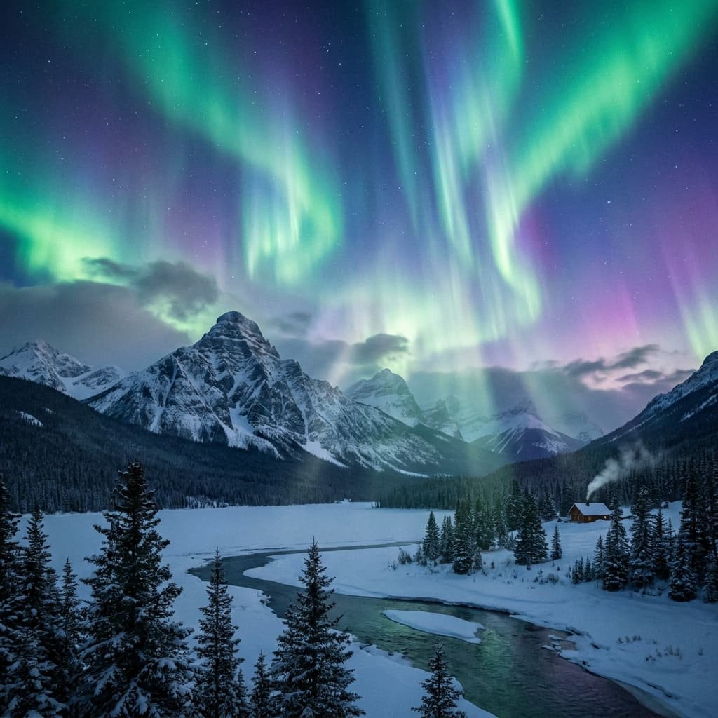 A magical aurora over snow-capped mountains at twilight, cinematic 4K, volumetric lighting, ultra-detailed landscape photography