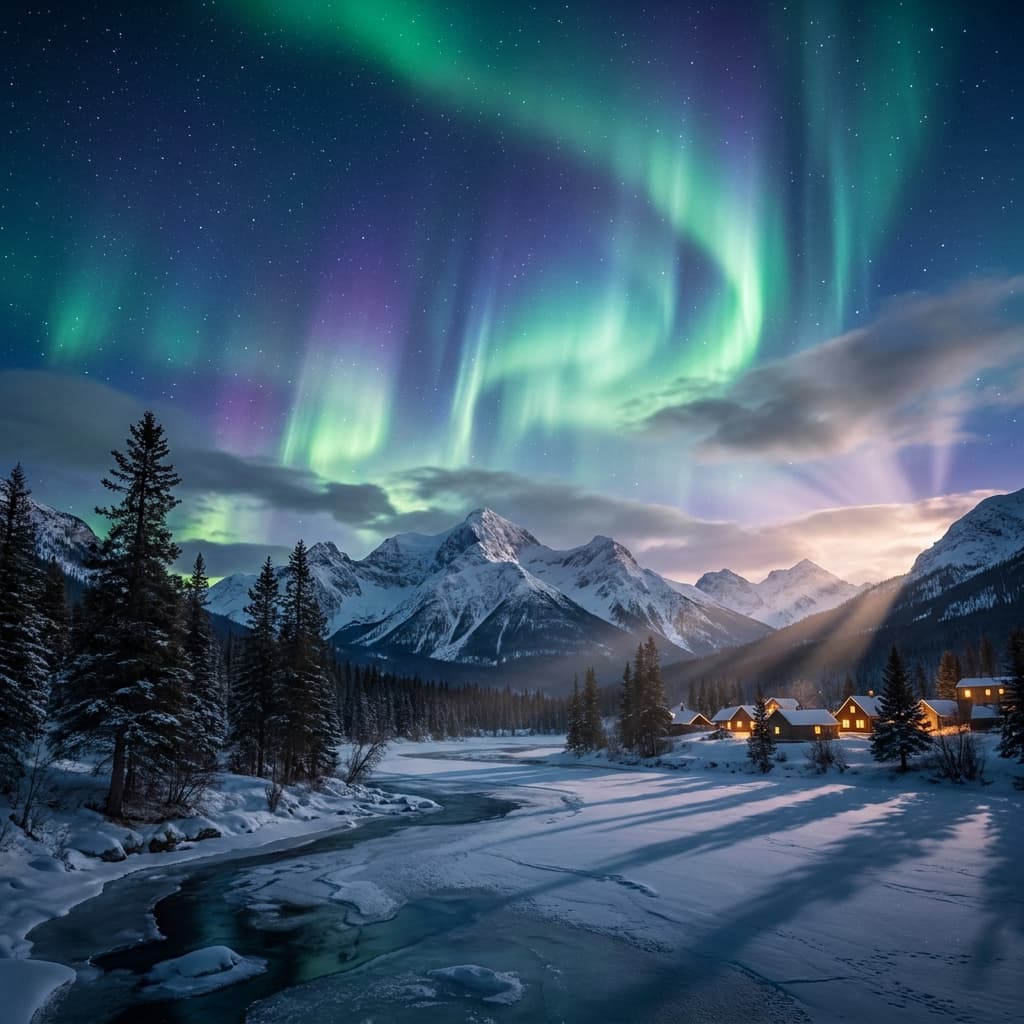 A magical aurora over snow-capped mountains at twilight, cinematic 4K, volumetric lighting, ultra-detailed landscape photography