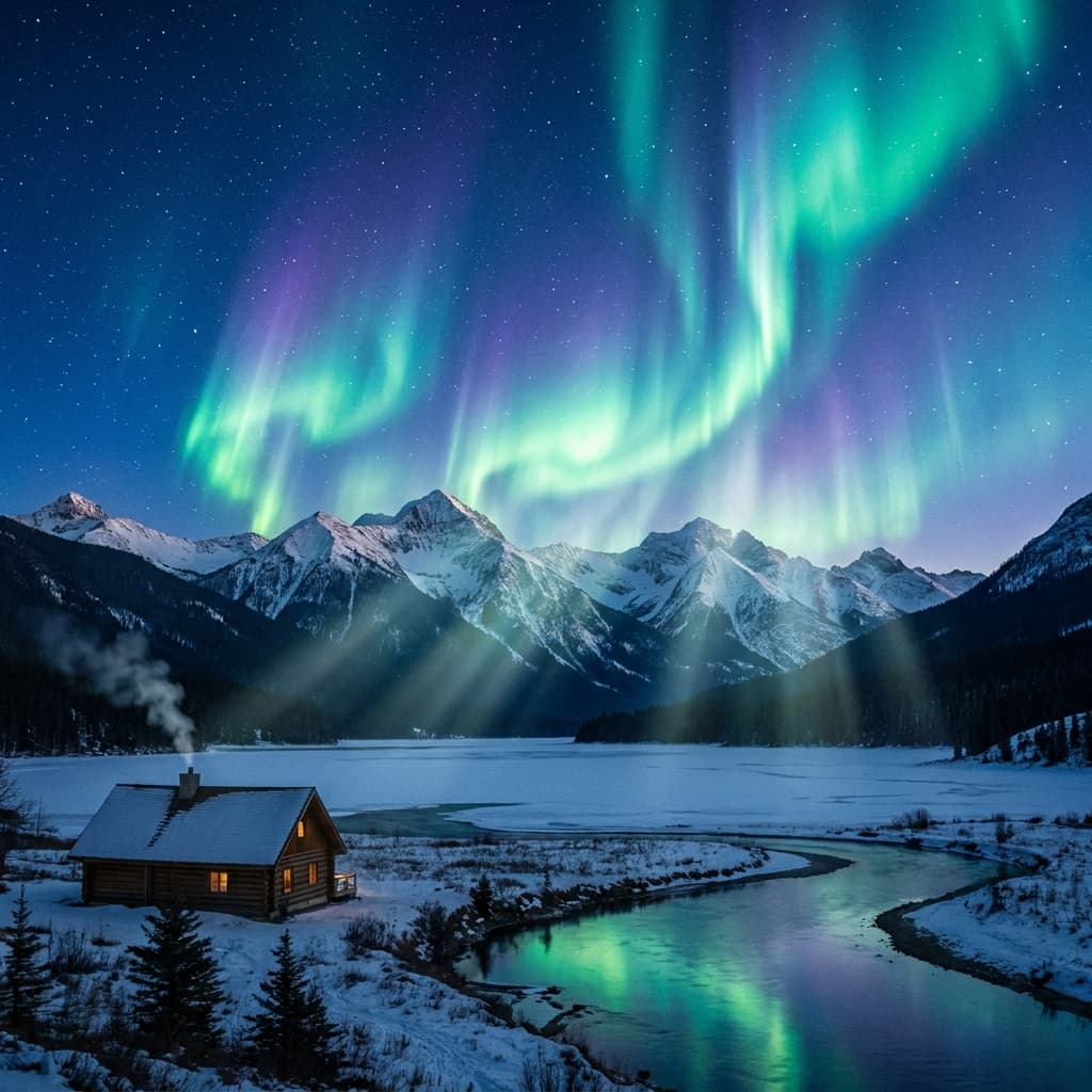 A magical aurora over snow-capped mountains at twilight, cinematic 4K, volumetric lighting, ultra-detailed landscape photography