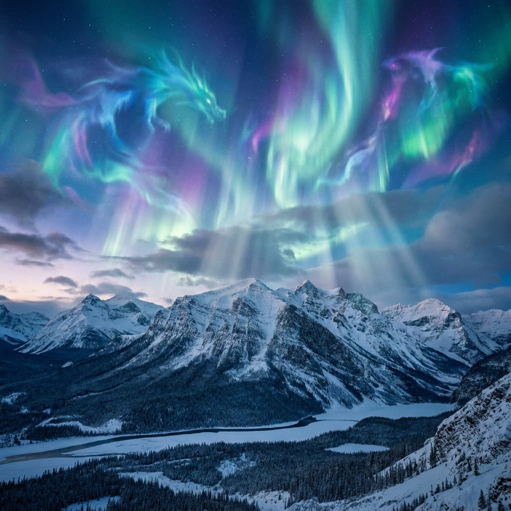 A magical aurora over snow-capped mountains at twilight, cinematic 4K, volumetric lighting, ultra-detailed landscape photography