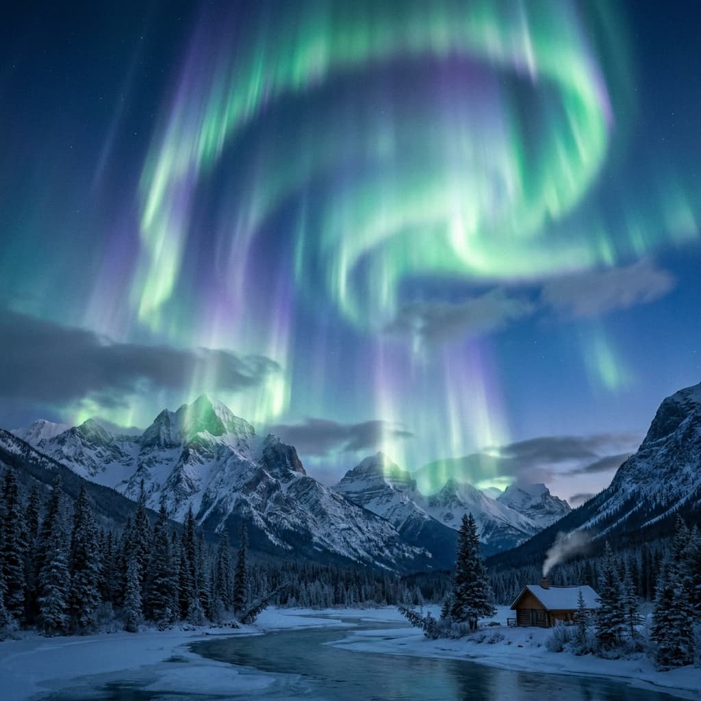 A magical aurora over snow-capped mountains at twilight, cinematic 4K, volumetric lighting, ultra-detailed landscape photography