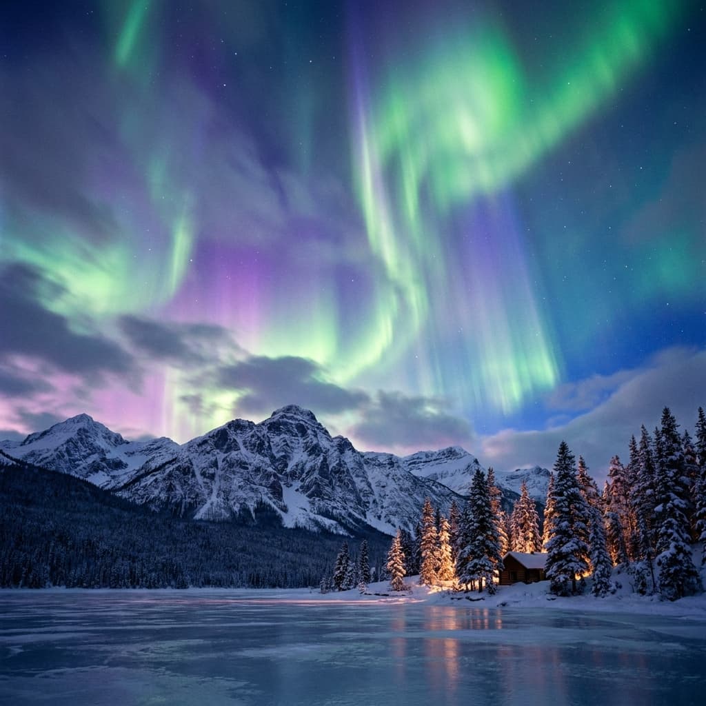 A magical aurora over snow-capped mountains at twilight, cinematic 4K, volumetric lighting, ultra-detailed landscape photography
