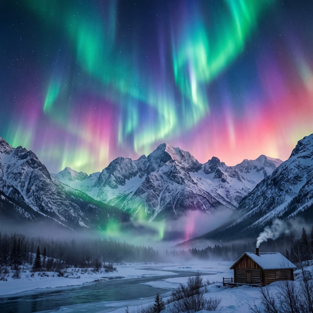 A magical aurora over snow-capped mountains at twilight, cinematic 4K, volumetric lighting, ultra-detailed landscape photography