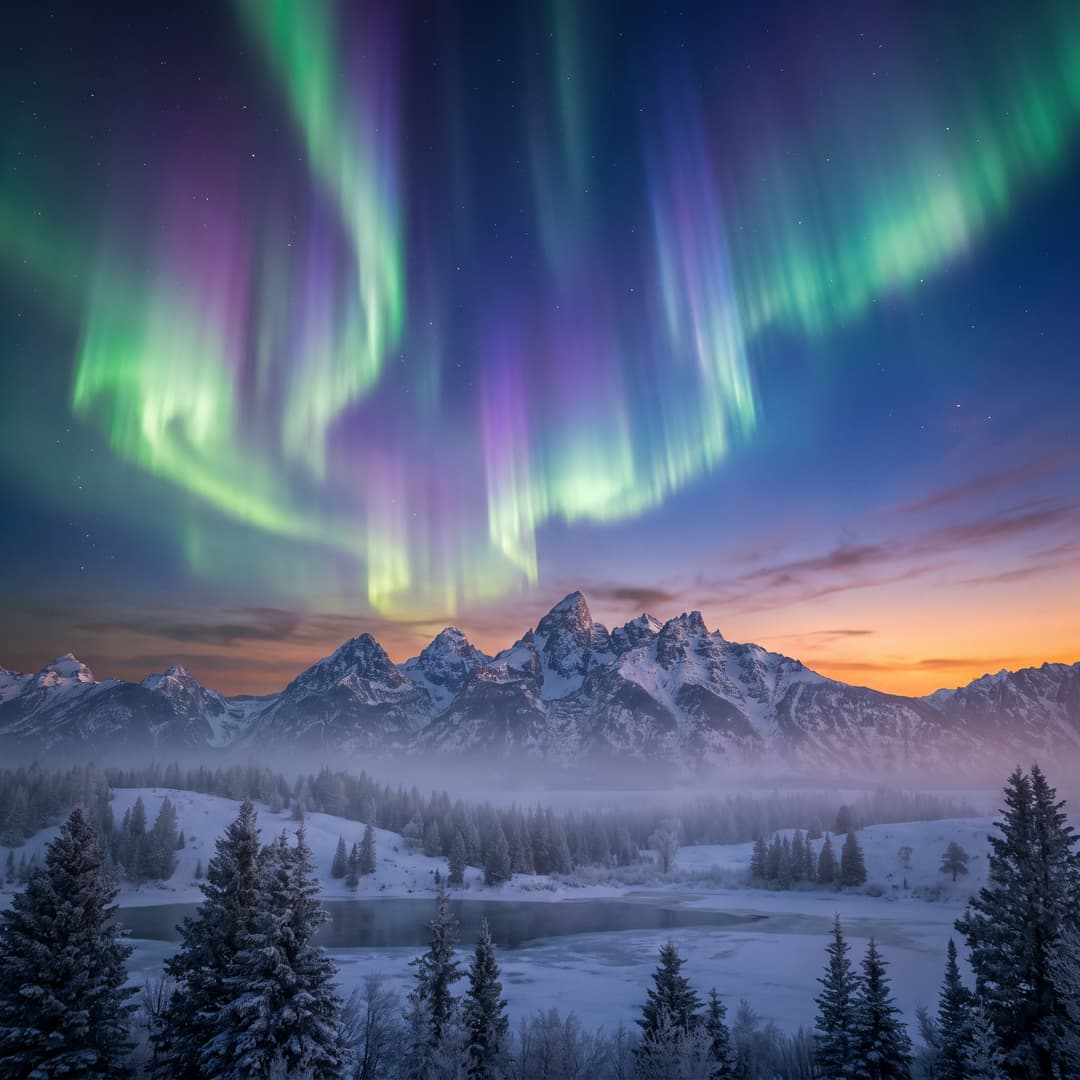A magical aurora over snow-capped mountains at twilight, cinematic 4K, volumetric lighting, ultra-detailed landscape photography