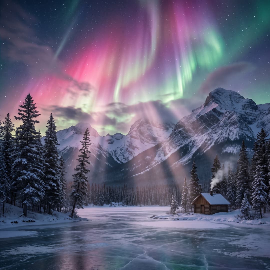 A magical aurora over snow-capped mountains at twilight, cinematic 4K, volumetric lighting, ultra-detailed landscape photography