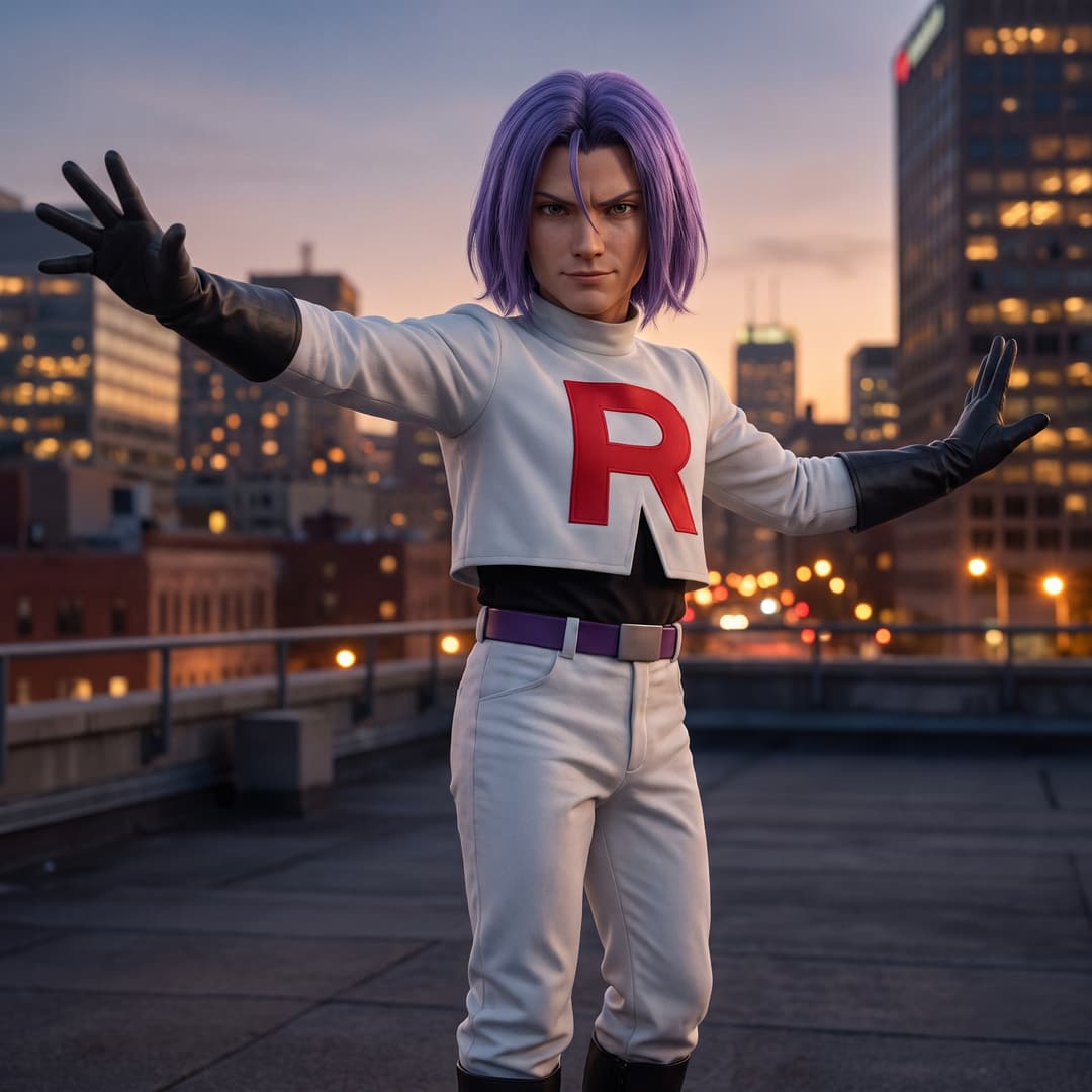 using the reference images of the purple haired character, generatea  photorealistic version of this character.