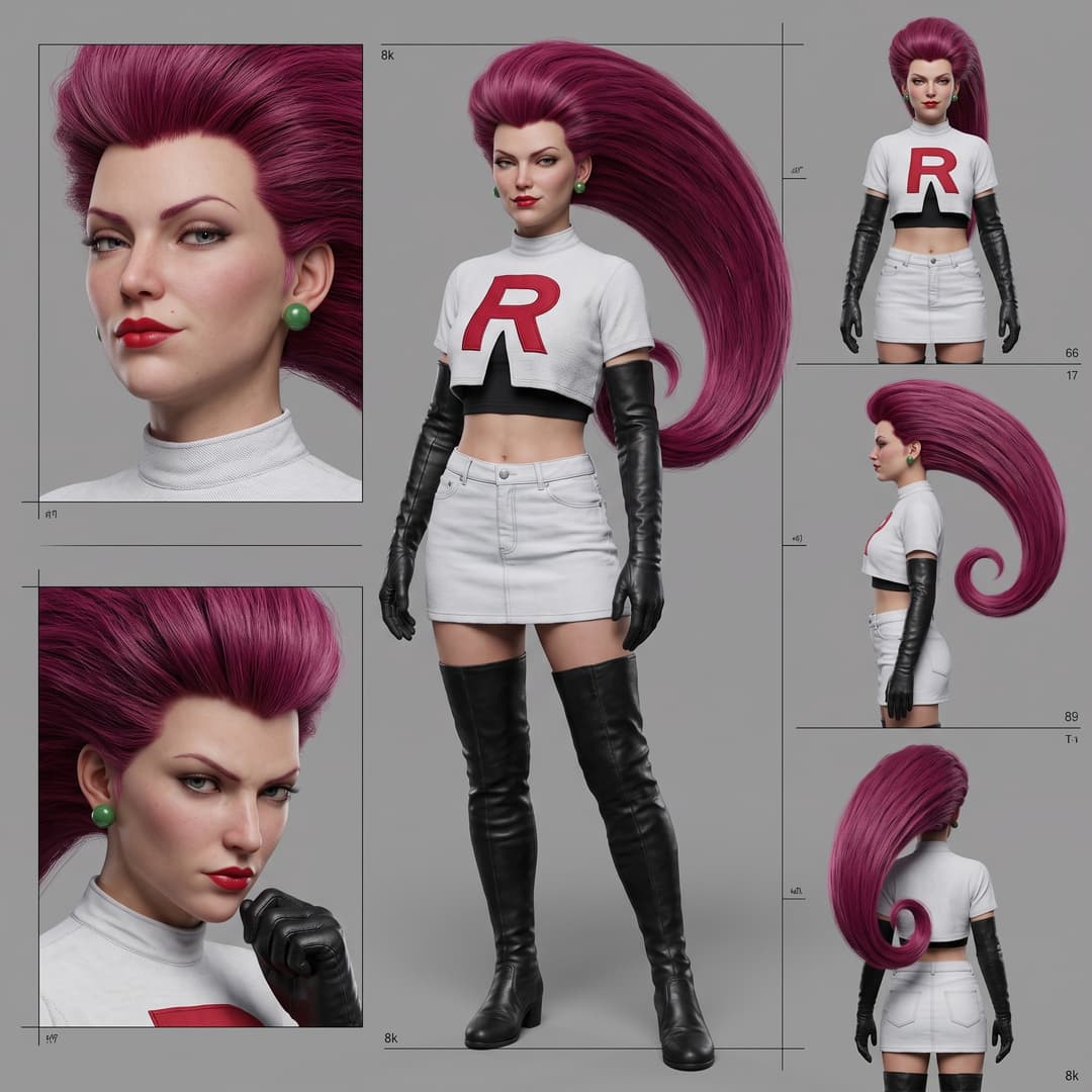 using the reference images of the pink haired character, generate a  hyper realistic version of this character. generate the character for a refrence sheet. creating a standing model, a turn around, as well as 2  portraits
