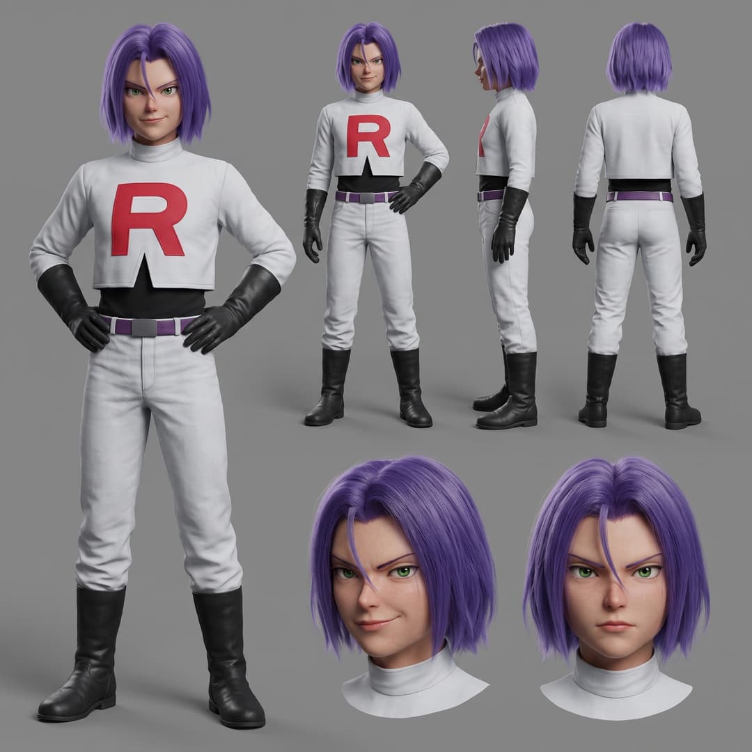 using the reference images of the purple haired character, generate a  hyper realistic version of this character. generate the character for a refrence sheet. creating a standing model, a turn around, as well as 2  portraits