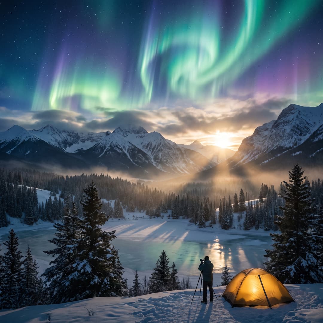 A magical aurora over snow-capped mountains at twilight, cinematic 4K, volumetric lighting, ultra-detailed landscape photography