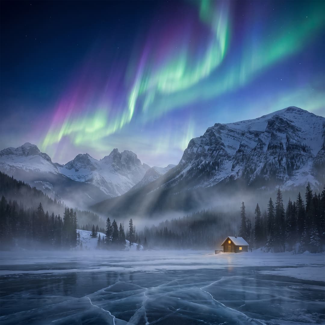 A magical aurora over snow-capped mountains at twilight, cinematic 4K, volumetric lighting, ultra-detailed landscape photography