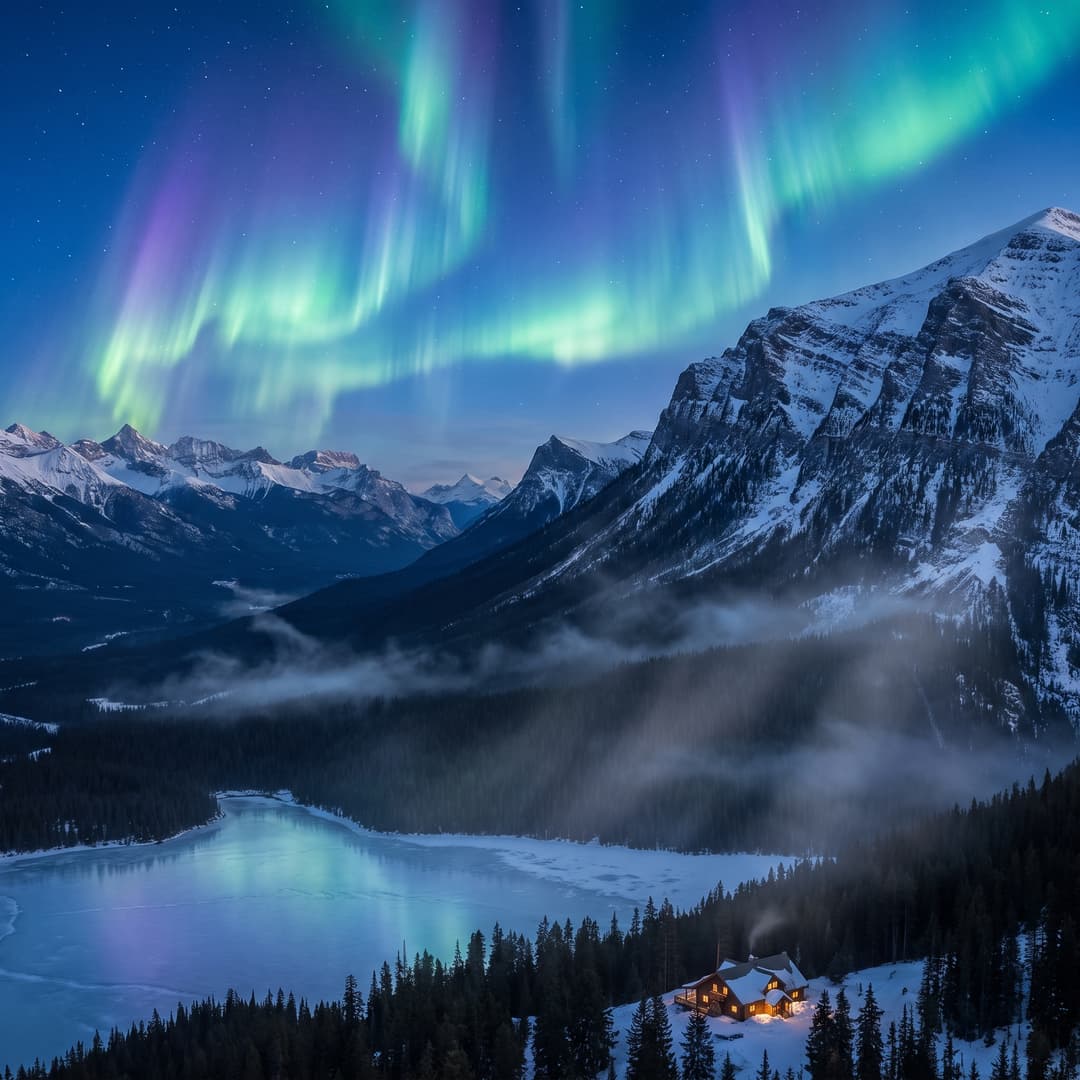 A magical aurora over snow-capped mountains at twilight, cinematic 4K, volumetric lighting, ultra-detailed landscape photography