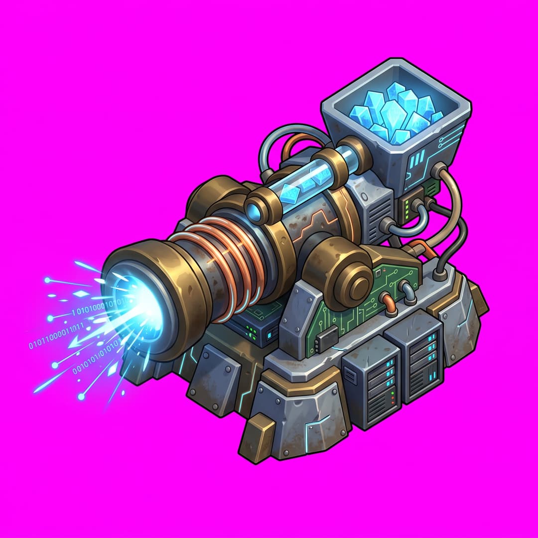 Isometric game asset: Isometric 3D game art, Clash of Clans style — a wide-barreled cannon made from repurposed server hardware, loading glowing data-packets as ammunition, pneumatic tubes feeding from a hopper filled with crystalline "payloads," brass and steel construction with copper wire coils, cartoonish oversized proportions, firing animation pose (muzzle flash of blue data-sparks), vibrant colors, dark metallic grid floor with subtle data-pulse glow lines, Clash of Clans game asset aesthetic, no grass on the platform — only a thin flat grass outline hugging the outer base edges with organic irregular shape, blending into green terrain naturally, single object centered, clean stylized low-poly, vibrant art style, light from the upper-left, no ground, no cast shadow, no text, no border. ABSOLUTELY NO base, platform, pedestal, plinth, floor tile, grass patch or terrain under the object — it stands directly on the empty background and its silhouette ends where the object itself ends. Top-down isometric game sprite, designed to occupy a 2×2 tile footprint on an isometric grid — its base is an elongated diamond 2 tiles wide by 2 tiles deep in 2:1 isometric proportions. solid flat pure magenta background, RGB 255 0 255 (#ff00ff), fill the ENTIRE background with this one magenta colour — NOT transparent, NO checkerboard pattern, no gradient.