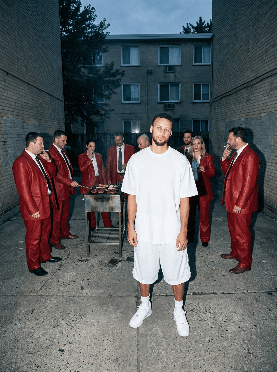 Ultra-realistic direct flash editorial photography.
Shot on a full-frame DSLR (Canon EOS 5D Mark III / Mark IV), 24–35mm lens, aperture f/4–f/5.6, shutter speed 1/125–1/200, ISO 400–800.
Direct on-camera hot-shoe flash with no diffusion. Flash is overpowering and frontal, dominating the exposure. Hard-edged shadows fall directly behind the subject with minimal light wrap. Highlights are strong and slightly clipped, especially on bright surfaces, creating sharp specular reflections.
Ambient light is underexposed, creating a dark, muted background while the foreground is brightly illuminated by flash. Mixed lighting environment (low ambient dusk + harsh flash).
Color grading features cool-neutral white balance with a slight blue cast. Background tones are desaturated and subdued, while flash-lit areas appear more neutral and slightly flat. Contrast is high with crushed blacks, lifted midtones from flash, and pushed highlights.
No cinematic LUT. Raw DSLR color science with a gritty, unpolished digital look. Slight resemblance to early paparazzi/editorial flash photography.
Fine digital noise consistent with ISO 400–800. No film grain. Foreground is tack sharp due to flash freeze, while background detail falls off slightly. Dynamic range is compressed with limited shadow detail and bright highlight roll-off.
Shot with a slightly low angle and mild wide-angle perspective distortion. Medium-wide framing with strong subject separation from background. Moderate depth of field (not shallow). Handheld feel with flash freezing motion.
Maintain exact lighting behavior, color response, contrast curve, and flash intensity. Do not soften shadows or reduce highlight intensity.
SUBJECT: steph curry is wearing white oversized backetball shorts and an oversized t shirt and 8 white people in red leather business suits
ENVIRONMENT: a bbq cookout in a low income apartment complex
