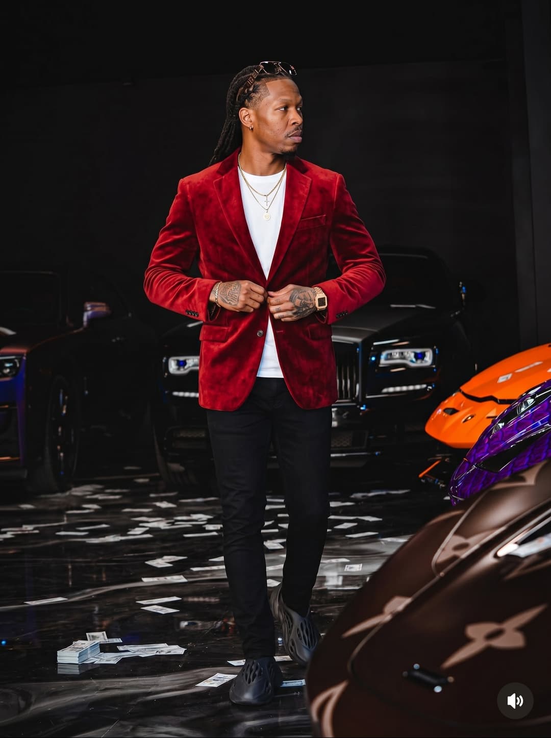 Put man in image three and two and scene in image number one the exact same way, and change the suit jacket to a red velvet.