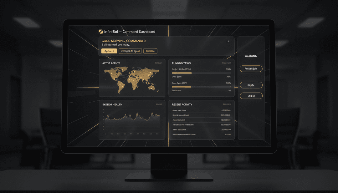Premium UI/UX concept design, high-fidelity dashboard mockup on a dark desktop screen. "InfiniBot — Command Dashboard" revamp concept: a sleek dark charcoal-and-gold AI command center. Top row: proactive morning briefing card written by the AI ("3 things need you today") with inline action buttons like "Approve", "Delegate to agent", "Snooze". Center: bento-grid of live tiles — active agents map, running tasks with progress, system health sparklines. Right rail: an "Actions" column of one-tap direct-action chips (Restart job, Reply, Ship it). Glassmorphism panels, subtle gold accents, crisp legible UI typography, modern SaaS product-design dribbble quality, 4k UI concept art.