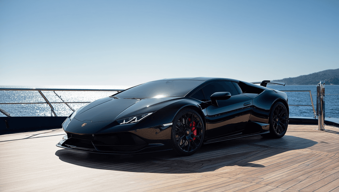 a sleek black Lamborghini parked on the deck of a luxury yacht, sunny sea background, ultra‑realistic, high detail, cinematic lighting