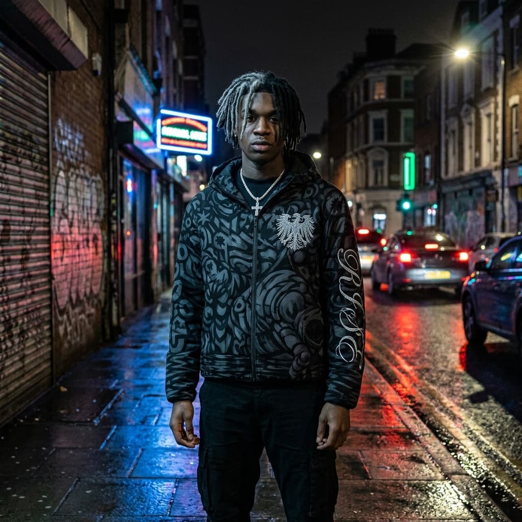 A young Black male model wearing a black all-over-print hooded zip-up jacket with eagle crest embroidery and script lettering on the sleeves, standing on a gritty urban city street at night, neon lights reflecting off wet pavement, streetwear editorial photography, Canon 35mm, cinematic lighting, high detail