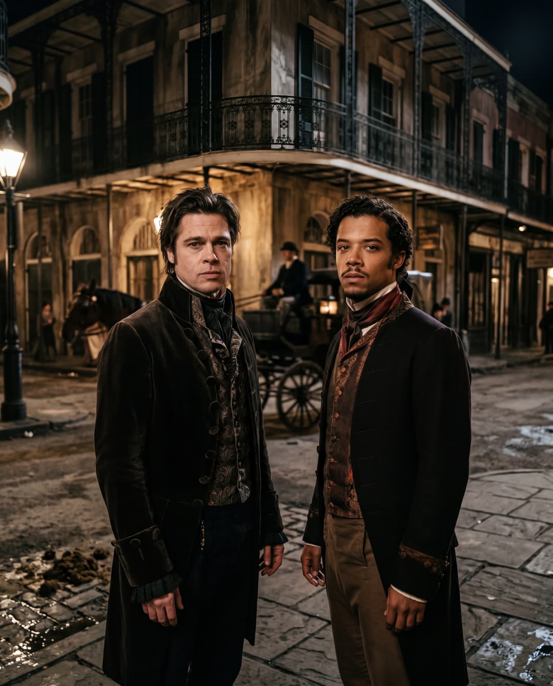 Brad pitt as louis de pointe du lac & Jacob Anderson as Louis de Pointe du Lac both of them at the New Orleans first time they meet they looking at the camera 4:5
