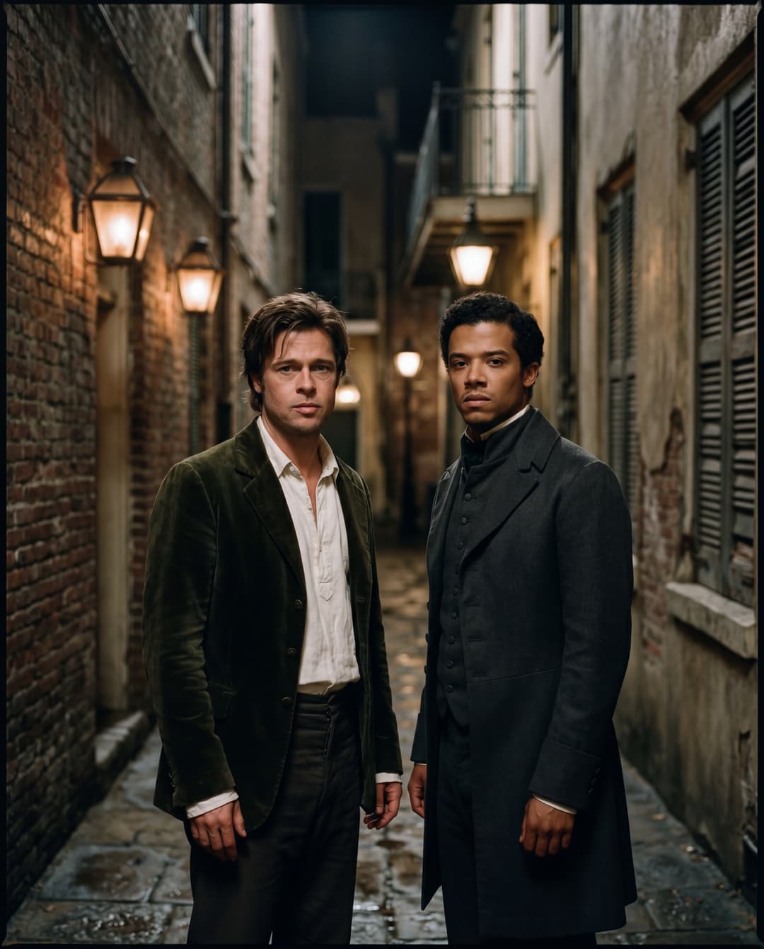 /imagine prompt: Hyperrealistic photograph, cinematic lighting, ultra-detailed. A younger Brad Pitt, capturing the essence of Louis de Pointe du Lac, and Jacob Anderson, also embodying Louis de Pointe du Lac, stand side-by-side. They are in a dimly lit, atmospheric New Orleans alleyway, gas lamps casting a warm glow on their faces and the damp cobblestones. Their expressions are intense, a mixture of curiosity and subtle apprehension, as they both gaze directly into the camera. The scene is set for their first encounter, a palpable tension in the air. The textures of their period clothing – rich velvet, crisp linen – are meticulously rendered. The background is softly blurred, focusing on their compelling presence. Shot on a RED Komodo with a vintage anamorphic lens, F/1.8 aperture, natural light augmented with subtle practicals, film grain, color grading inspired by classic gothic horror films. Aspect ratio 4:5.
