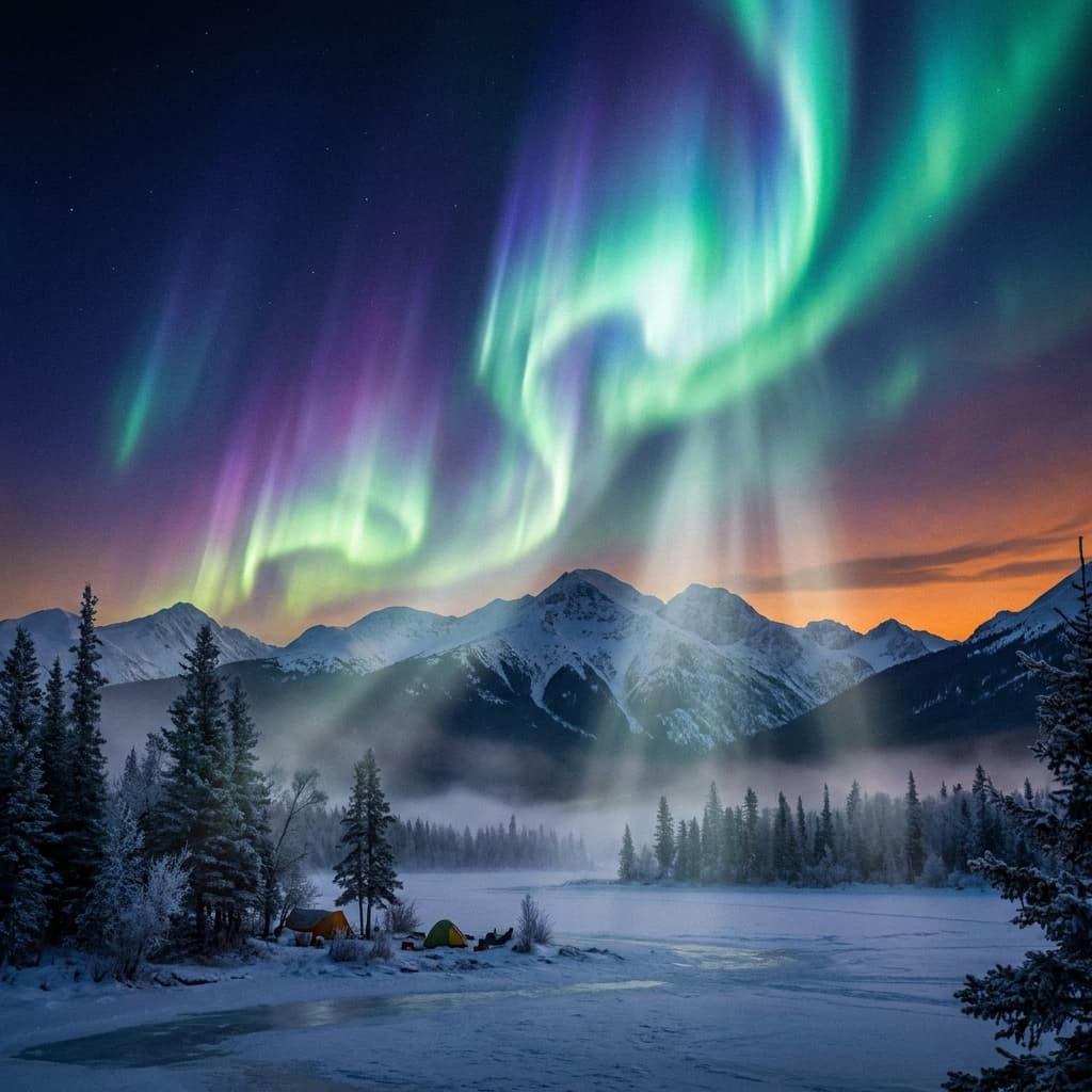 A magical aurora over snow-capped mountains at twilight, cinematic 4K, volumetric lighting, ultra-detailed landscape photography