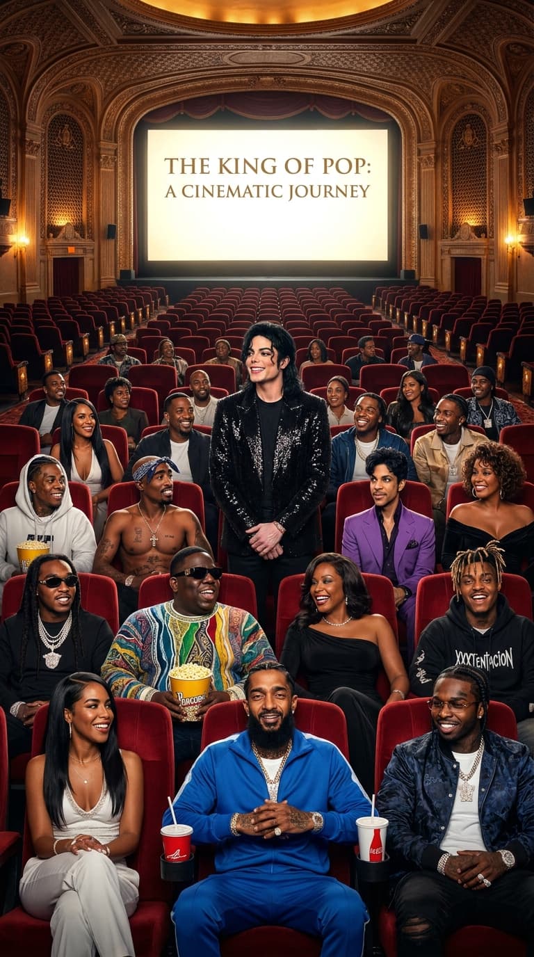 “Ultra-realistic cinematic tribute scene inside a massive luxury movie theater featuring Michael Jackson seated proudly in the center during the premiere of his new movie on a giant glowing screen. The theater is filled with legendary late music artists from different generations all together enjoying the film in a warm, emotional, peaceful atmosphere. Include tribute-style versions of icons such as Aaliyah, Tupac Shakur, The Notorious B.I.G., Prince, Whitney Houston, Takeoff, XXXTentacion, Juice WRLD, Nipsey Hussle, Pop Smoke, and many other legendary passed music artists seated throughout the theater. Most of them are focused on the movie screen smiling and entertained, while a few are looking at one another laughing warmly. Some are eating popcorn from large movie buckets, some are drinking from soda cups with straws, others are eating candy or snacks while enjoying the film. Everyone is dressed in stylish designer clothing, elegant outfits, luxury jewelry, and signature-inspired fashion styles. The theater has glowing aisle lights, luxury velvet seats, cinematic shadows, warm golden lighting reflecting off faces, emotional and nostalgic energy, realistic skin textures, highly detailed expressions, Hollywood premiere atmosphere, ultra detailed 8K masterpiece, emotional celebration of music legends.”