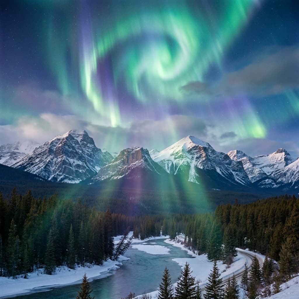 A magical aurora over snow-capped mountains at twilight, cinematic 4K, volumetric lighting, ultra-detailed landscape photography
