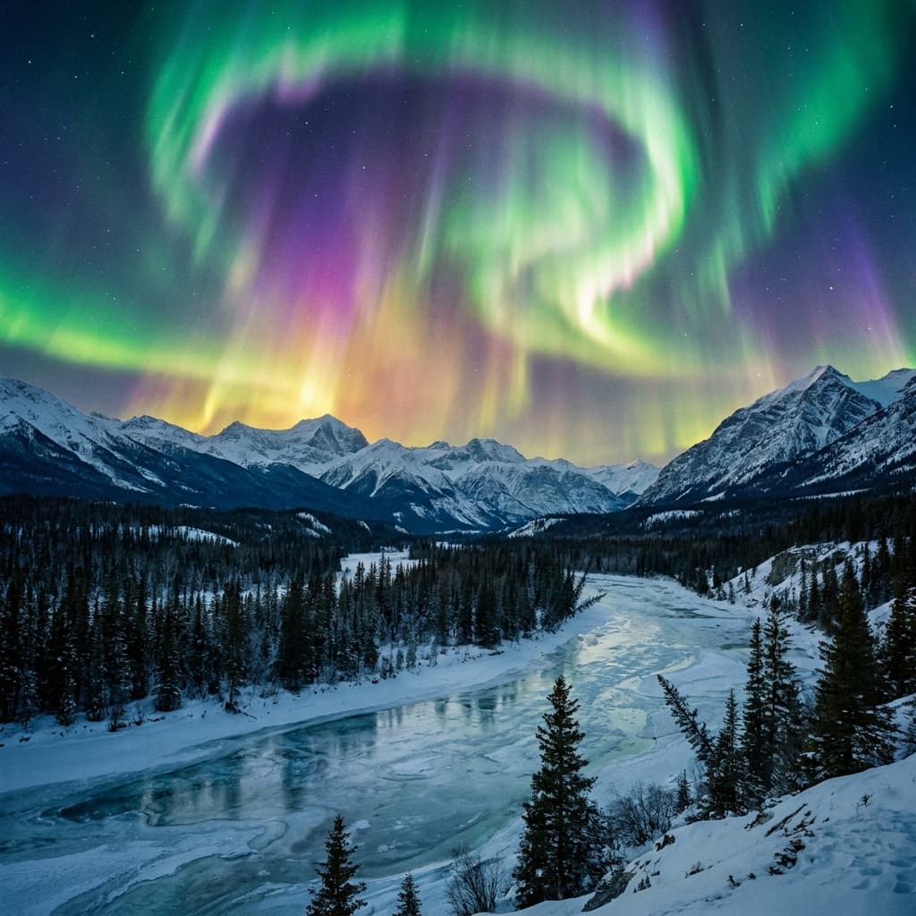 A magical aurora over snow-capped mountains at twilight, cinematic 4K, volumetric lighting, ultra-detailed landscape photography