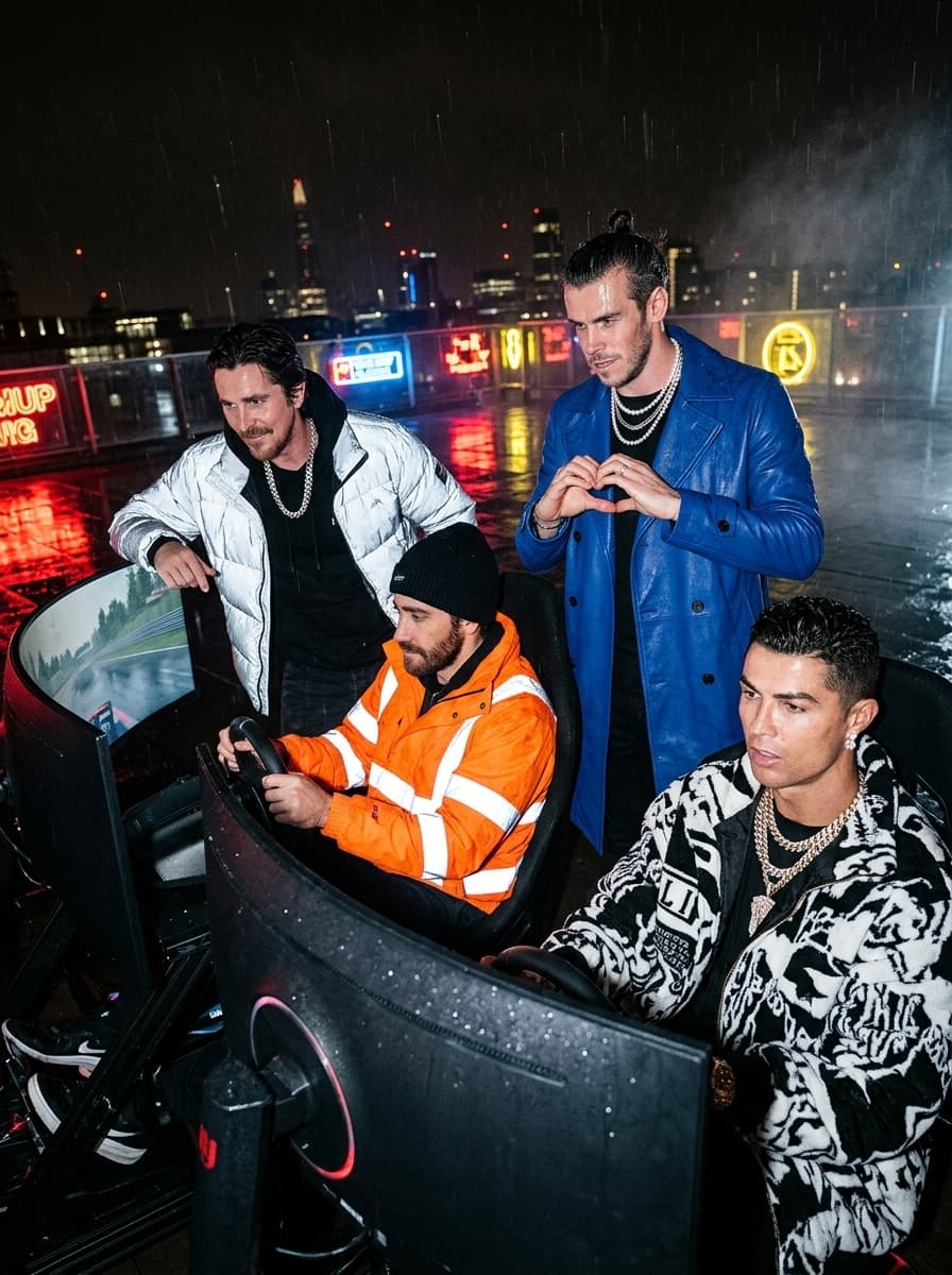 116. cinematic direct flash photograph of stylish subjects gathered around a luxury rooftop racing simulator tournament during heavy rain, oversized colorful designer streetwear, reflective leather jackets and layered chrome jewelry illuminated by aggressive DSLR flash lighting, playful competitive expressions mixed with emotionally detached fashion posture, wet rooftop reflections and glowing neon skyline lights creating cinematic internet-party atmosphere throughout the background, upscale hypebeast editorial realism