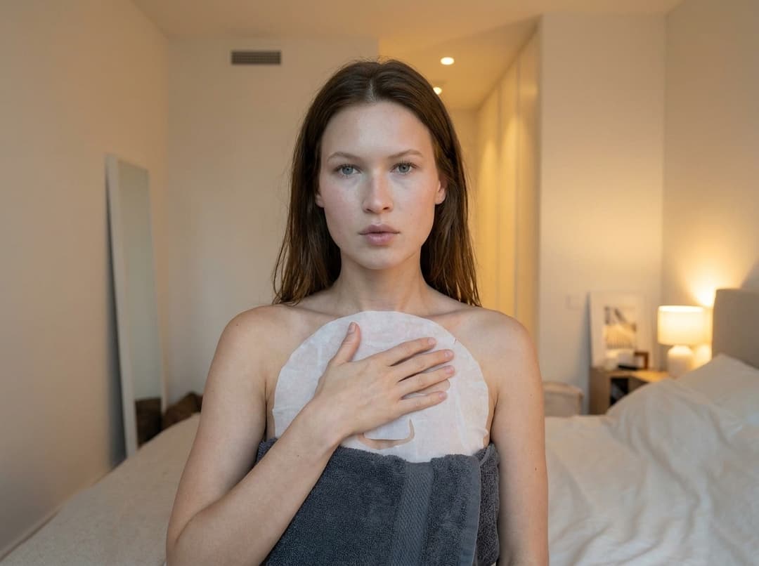 A medium shot captures the person in the uploaded reference image (DO NOT TOUCH FACE). The person's torso is visible from the chest down, with a white sheet mask covering their chest and a dark grey towel wrapped around their waist. The right hand is placed on top of the sheet mask. The lighting is soft and warm. The camera is positioned at eye level, with a slightly 24-28mm equivalent lens perspective. The overall tone is intimate and casual.