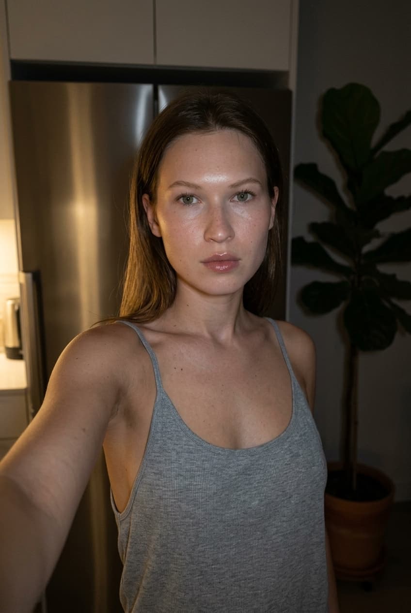 Using the person in the uploaded reference image (DO NOT TOUCH FACE), recreate this scene: Ультрареалистичный селфи-снимок в условиях глубокой ночи. Мягкое, приглушённое освещение, тёплый слабый источник света сбоку (например, от ночника или кухни), создаёт спокойную, интимную атмосферу. Без вспышки. В кадре девушка: прямые волосы чуть ниже плечь, закинуты назад. смотрит в камеру. Молодое лицо. Кожа естественного, реалистичного оттенка, лёгкий блеск на губах. Ракурс — слегка сбоку, как будто фото сделано одной рукой. Фон: часть серебристого холодильника, рядом заметен высокий декоративный цветок, слегка в тени. Одежда: свободная, укороченная майка из очень тонкой, очень прозрачной ткани на тонких бретелях, с экстремально глубокими вырезами в зоне подмышек. Атмосфера спокойная, домашняя, ночная, с мягкими тенями и приглушёнными цветами. Формат 9:16. Photorealistic capture with iPhone 15 Pro style optics, natural skin texture, realistic reflections, balanced exposure, and sharp focus.