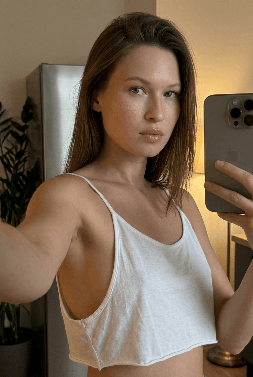 “Using the person in the uploaded reference image (DO NOT TOUCH FACE), recreate this scene: Ультрареалистичный селфи-снимок. Мягкое, приглушённое освещение, тёплый слабый источник света создаёт спокойную, интимную атмосферу. Без вспышки. В кадре девушка: прямые волосы чуть ниже плечь, закинуты назад. смотрит в камеру. Молодое лицо. Кожа естественного, реалистичного оттенка, лёгкий блеск на губах. Ракурс — слегка сбоку, как будто фото сделано одной рукой. Фон: часть серебристого холодильника, рядом заметен высокий декоративный цветок, слегка в тени. Одежда: свободная, сильно укороченная майка из сверх тонкой, бело-прозрачной как чулки ткани на тонких бретелях, с экстремально глубокими вырезами в зоне подмышек. Атмосфера спокойная, домашняя. Photorealistic capture with iPhone 15 Pro style optics, natural skin texture, realistic reflections, balanced exposure, and sharp focus.”