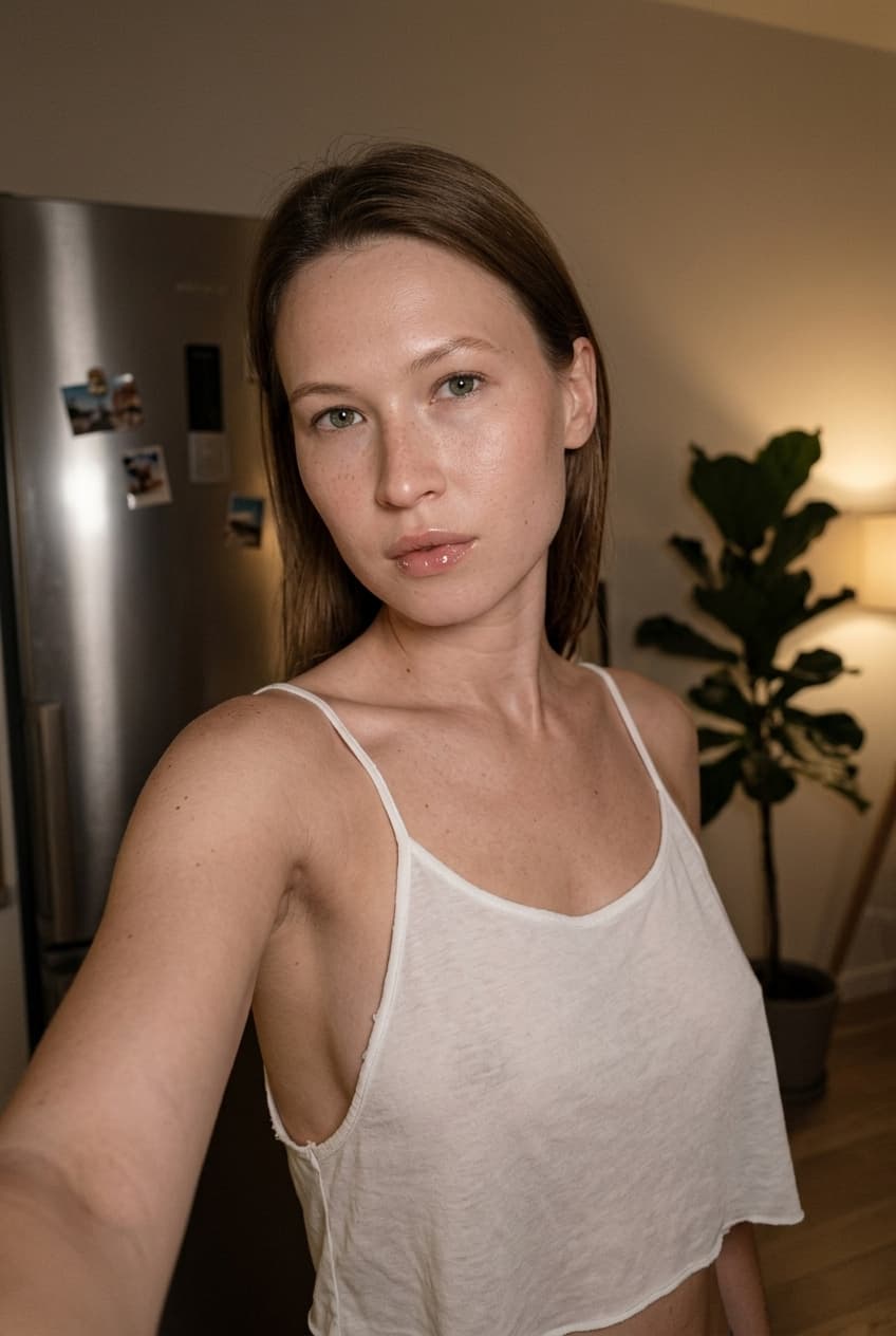“Using the person in the uploaded reference image (DO NOT TOUCH FACE), recreate this scene: Ультрареалистичный селфи-снимок. Мягкое, приглушённое освещение, тёплый слабый источник света создаёт спокойную, интимную атмосферу. Без вспышки. В кадре девушка: прямые волосы чуть ниже плечь, закинуты назад. смотрит в камеру. Молодое лицо. Кожа естественного, реалистичного оттенка, лёгкий блеск на губах. Ракурс — слегка сбоку, как будто фото сделано одной рукой. Фон: часть серебристого холодильника, рядом заметен высокий декоративный цветок, слегка в тени. Одежда: свободная, сильно укороченная майка из сверх тонкой, бело-прозрачной как чулки ткани на тонких бретелях, с экстремально глубокими вырезами в зоне подмышек. Атмосфера спокойная, домашняя. Photorealistic capture with iPhone 15 Pro style optics, natural skin texture, realistic reflections, balanced exposure, and sharp focus.”